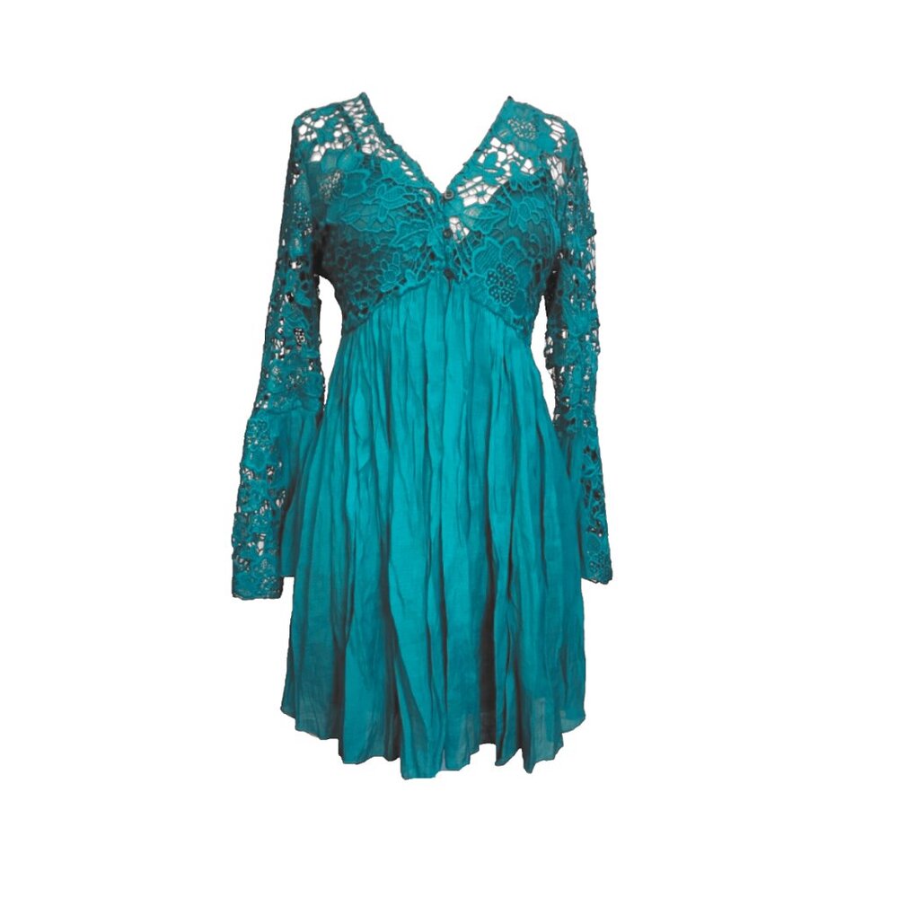J GEE Boho Green Blue Teal Blue Floral Lace Gauze Bell Sleeves Button